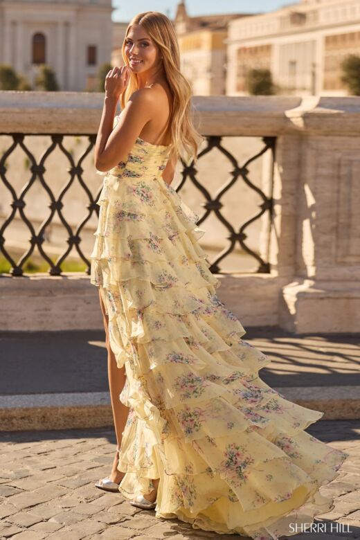 Sherri Hill 57907 High Slit Tiered Ruffle Skirt Floral Dress