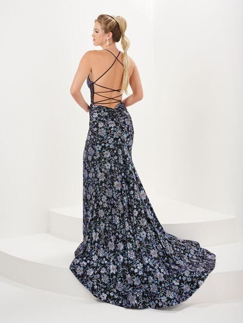 Tiffany Designs 16060 High Slit Floral Glitter Dress