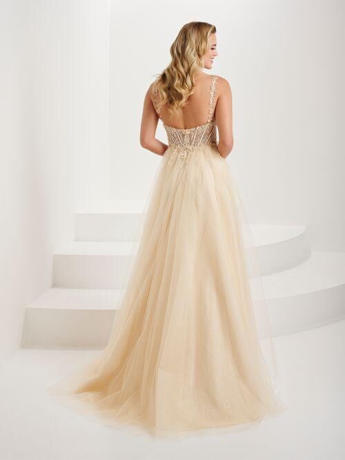 Tiffany Designs 16085 Floral Corset High Slit Dress