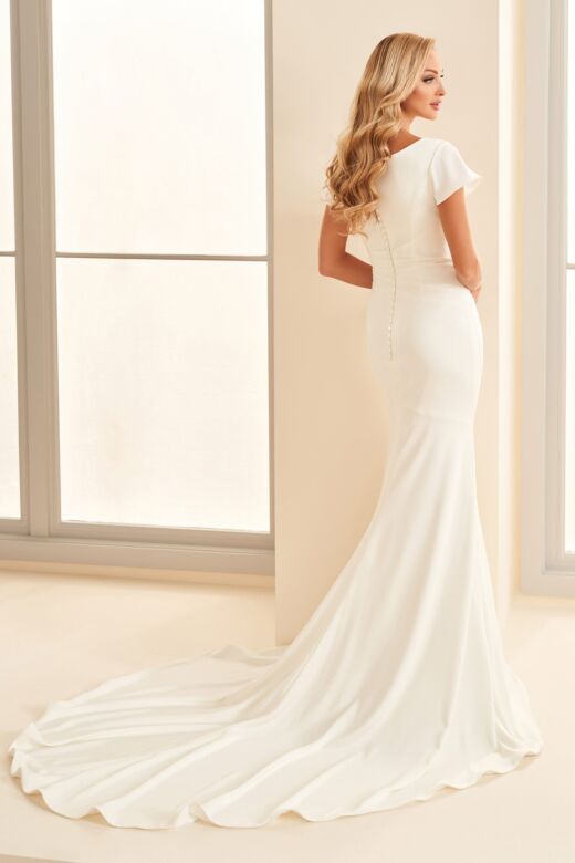 Modest Bridal by Mon Cheri MOD1822 Court Neck Crepe Wedding Gown