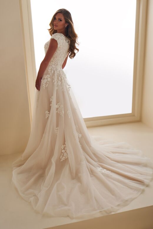 Modest by Mon Cheri MOD301 Cap Sleeve Bateau Neck A-Line Bridal Gown