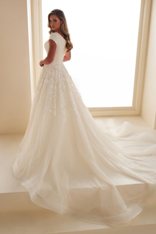 Modest by Mon Cheri MOD305 Cap Sleeve A-Line Lace Applique Bridal Gown