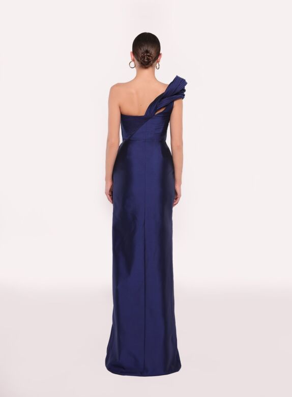 Tarik Ediz 98723 Cristina Asymmetric Neck Pleated Slit Evening Gown