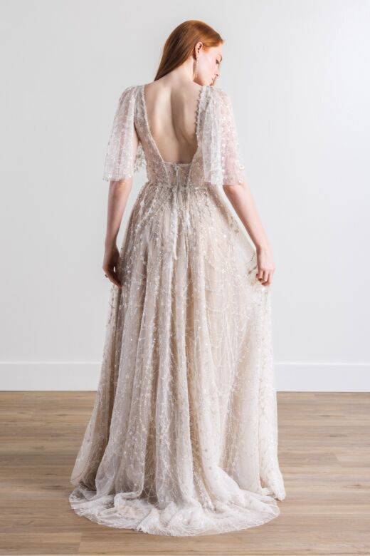 Willowby 54615M Aries Lined Beaded V-Neck Flare Sleeve Wedding Gown