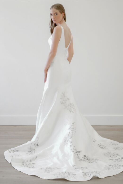 Locket 11261 Linney Floral Train Plunging Neck Bridal Dress