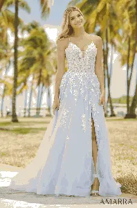 Amarra 88508 Long Fitted One Shoulder Embellished Beaded Fringe Cutout Prom  Dress Slit