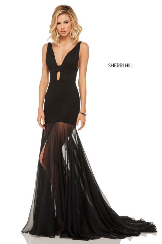 Sherri Hill 52606 Sheer Skirt Plunging Neckline Dress