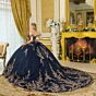 Elizabeth K GL3674 Navy Blue Two-Way Neckline Lace-Up Quince Dress