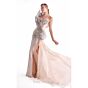 MNM Couture G2101 Side Organza Drape Ruffle Neck Nude Dress