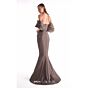 MNM Couture G2104 Off-The-Shoulder Pleated Side Drape Brown Dress