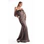 MNM Couture G2104 Off-The-Shoulder Pleated Side Drape Brown Dress