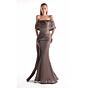 MNM Couture G2104 Off-The-Shoulder Pleated Side Drape Brown Dress