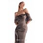 MNM Couture G2104 Off-The-Shoulder Pleated Side Drape Brown Dress