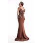MNM Couture G2108 Floral Bodice Brown Plunging Neck Dress
