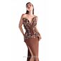 MNM Couture G2108 Floral Bodice Brown Plunging Neck Dress