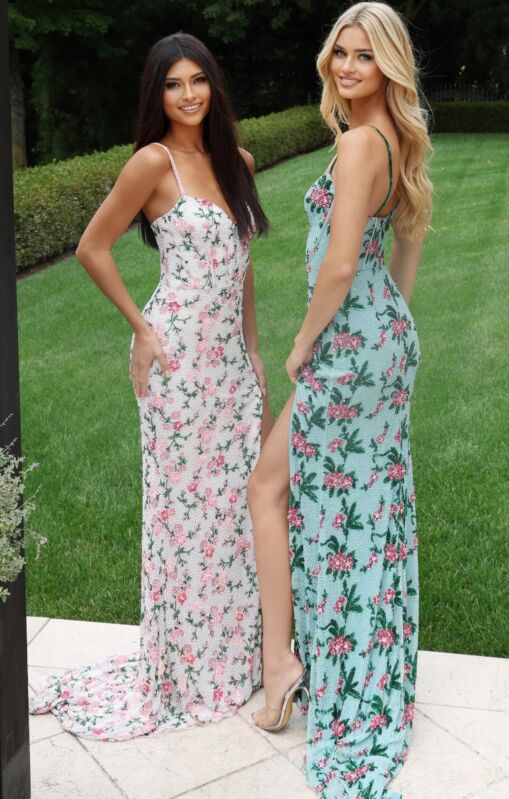 Jovani 49825 Floral Beaded High Slit Dress