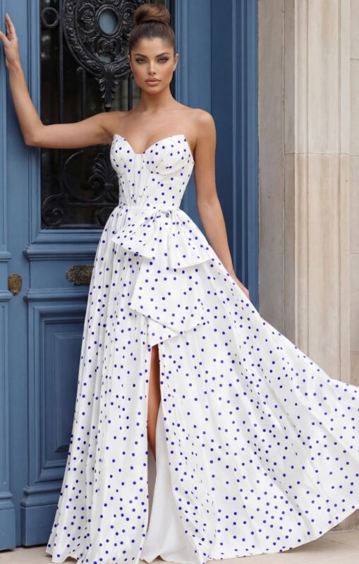 Jovani 49899 Polka Dot Pointed Sweetheart Neckline Fitted Top Dress
