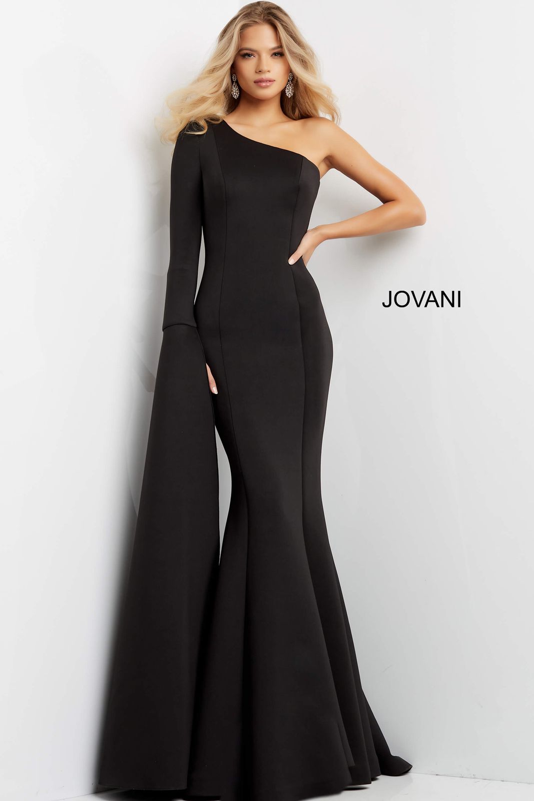 Jovani 07128 Long Sleeve One Shoulder Dress 