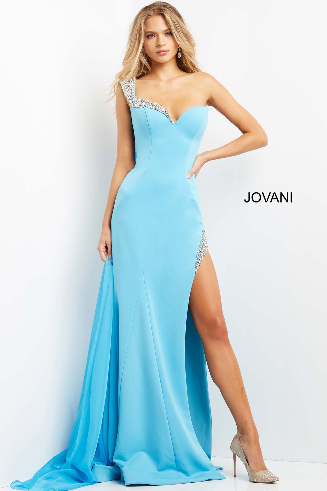Jovani 09201  Blue Fitted Side Ruffle Evening Gown