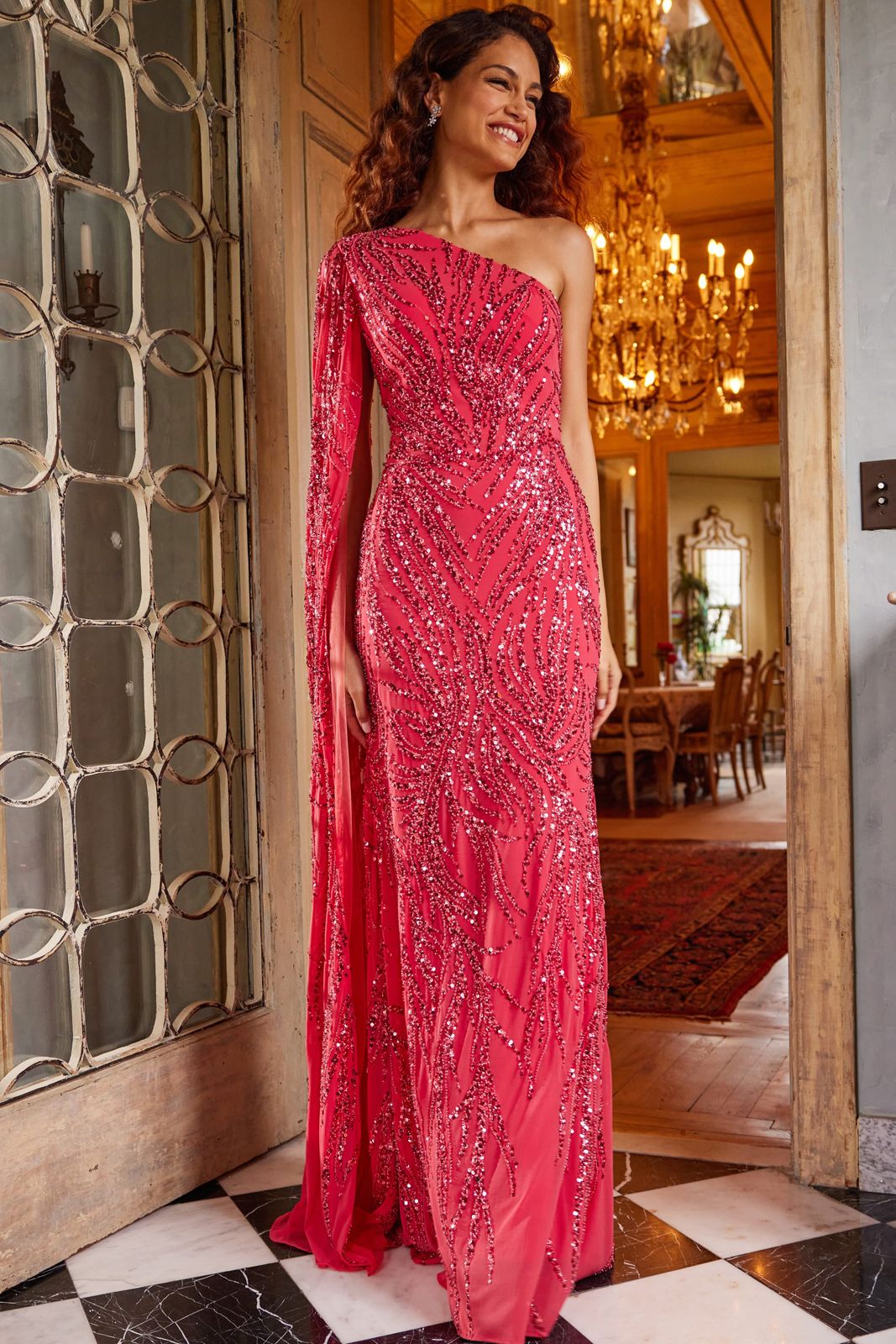 Buy Jigar Mali Red Butterfly Net Embellished Cape Sleeve Gown Online | Aza  Fashions