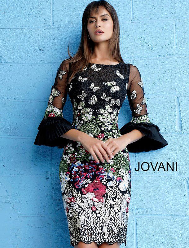 Jovani M59589 Bell Sleeve Embroidered Short Evening Dress ...