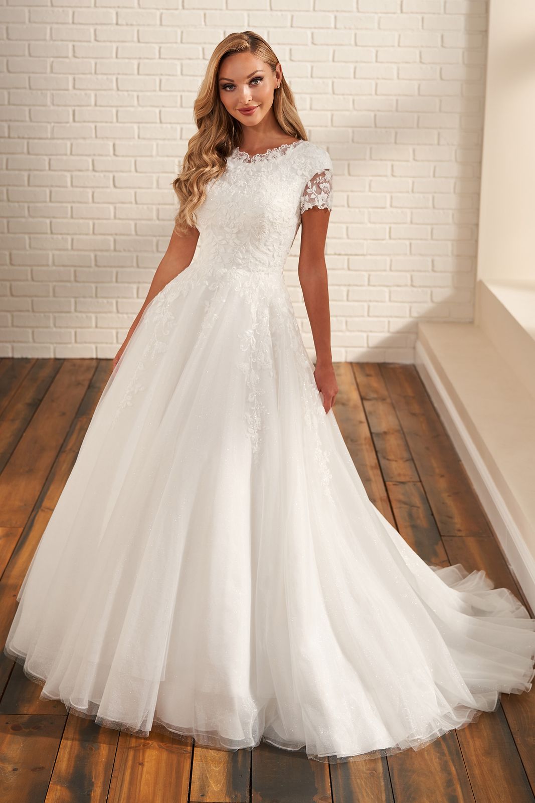 Modest Bridal by Mon Cheri MOD216 Short Sleeve Glitter Wedding Dress 