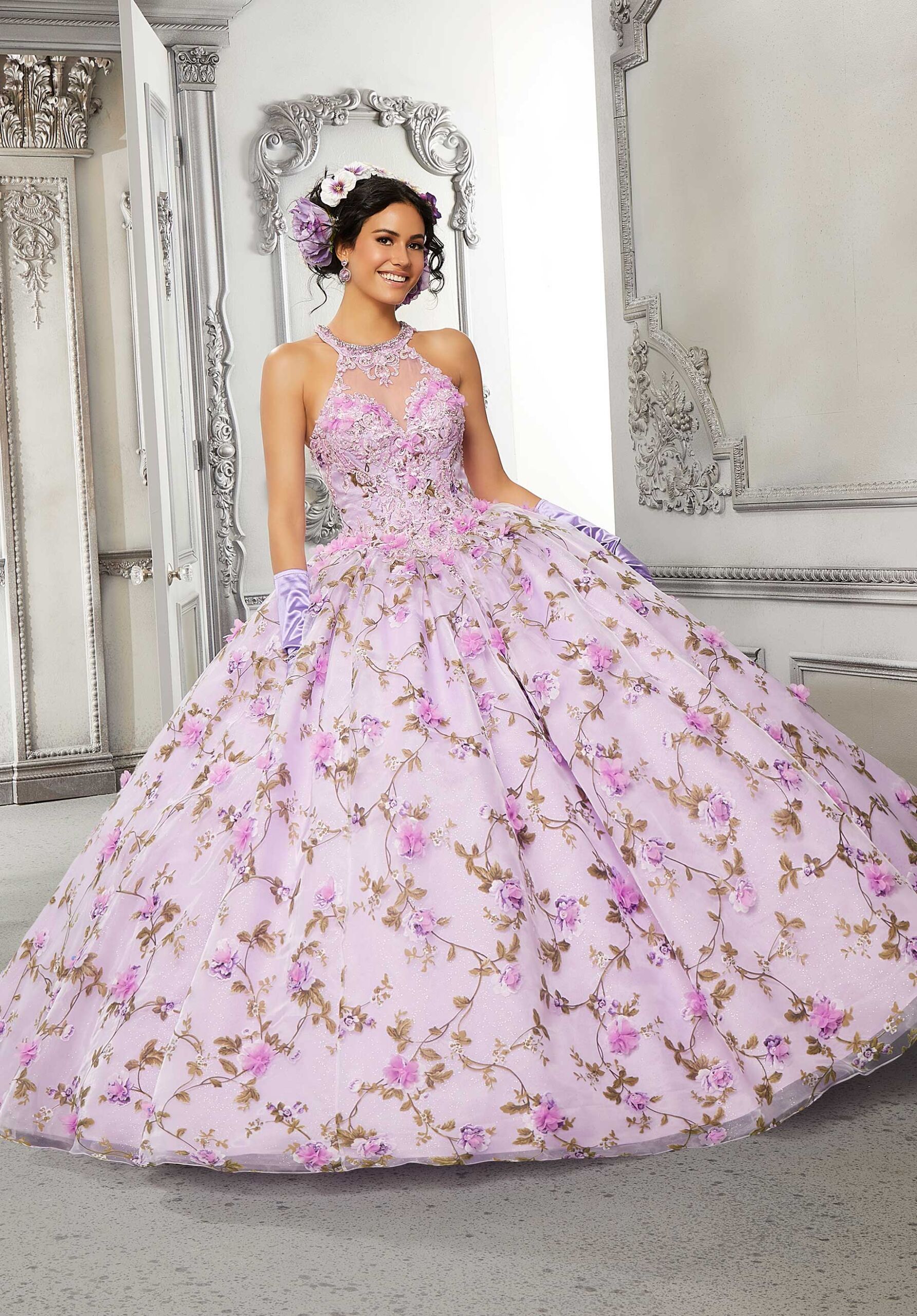 Mori Lee 60141 Halter Neckline Floral Quinceanera Dress