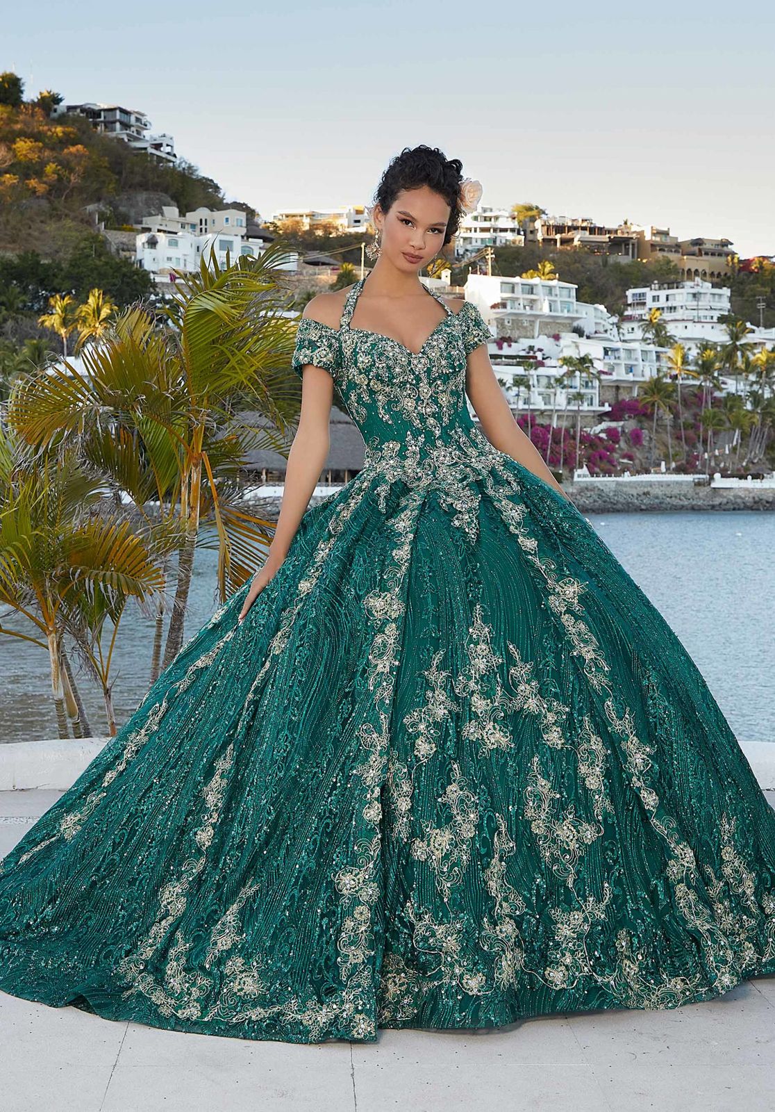 Mint Green Floral Lace Handmade Flowers Quinceanera Dresses lace