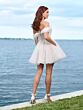 Adrianna Papell 45010 Off-The-Shoulder Notched Neck Short Bridal Dress