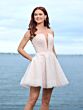 Adrianna Papell 45010 Off-The-Shoulder Notched Neck Short Bridal Dress