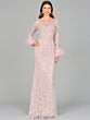 Lara 29049 Feather Cuffs Sheer Neckline Lace Dress