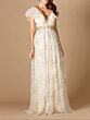 Lara 29966 Flutter Sleeves Beaded V-Neck Floral Dress