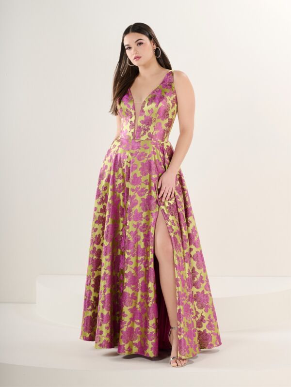Tiffany Designs 16262 Plunging Neckline Brocade Plus Size Dress