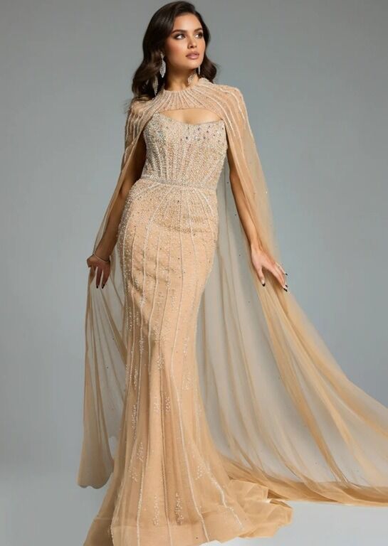 Jovani 45077 Matching Sheer Cape Scoop Neck Embellished Dress