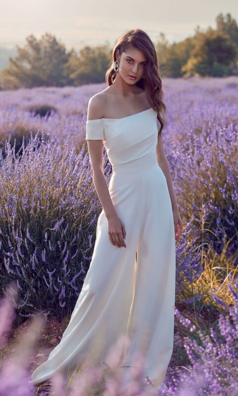 Alyce Paris 70014 Pleated Bodice Off The Shoulder Bridal Jumpsuit