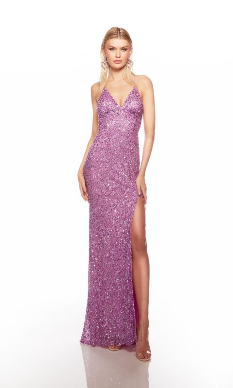 Alyce Paris 88002 Sequin Spaghetti Strap High Slit Dress