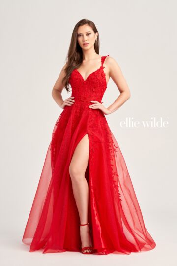 Ellie Wilde EW35233 Floral Appliques High Slit Dress