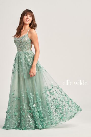 Ellie Wilde EW35240 Floral Appliques Lace-Up Dress