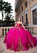 Mori Lee 4080044 Cecilia Beaded Ruched Bodice Fuchsia Gold Quince Gown
