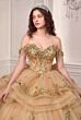 LaDivine 15746 Peplum Off The Shoulder Champagne Gold Quince Dress