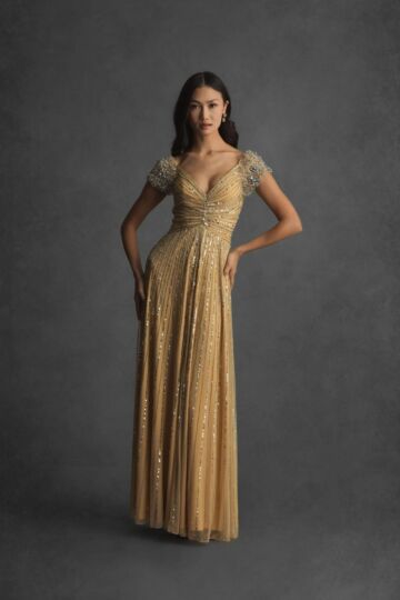 Mac Duggal 23042 Modified V-Neckline Fitted Gathered Bodice Dress