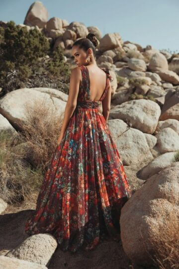 Mac Duggal 68947 Ruffle V-Neck Square Back Floral Evening Dress