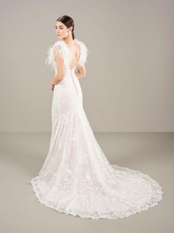 Adrianna Papell 31290 Feather Strap Lace Hem Wedding Gown