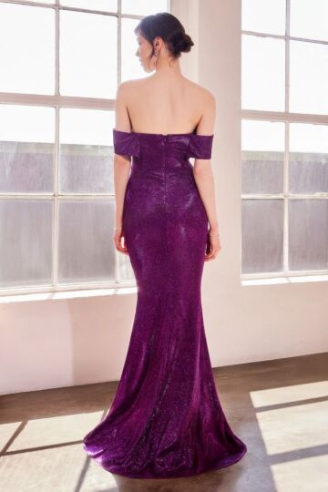 Amoris by LaDivine T603 Draped Bodice Off-The-Shoulder Glitter Dress