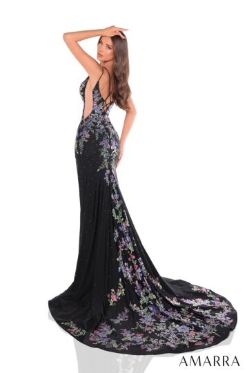 Amarra 88200 Long Train Sheer Sides Floral Dress