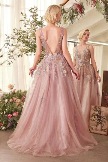 Andrea and Leo A1394 Bare Back Plunging Neck Floral Dress