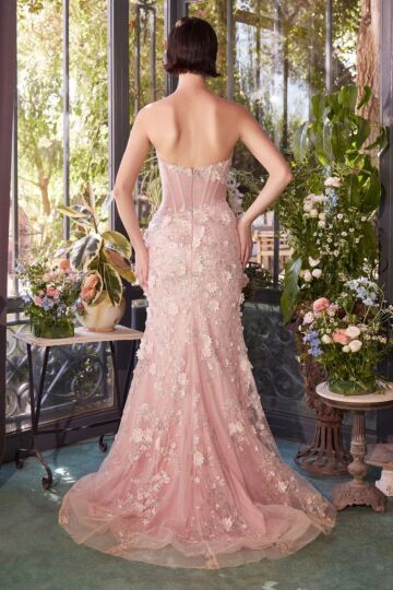 Andrea and Leo A1396 Sheer Waist Strapless Floral Dress