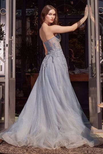 Andrea and Leo A1415 High Slit Sheer Corset Strapless Dress