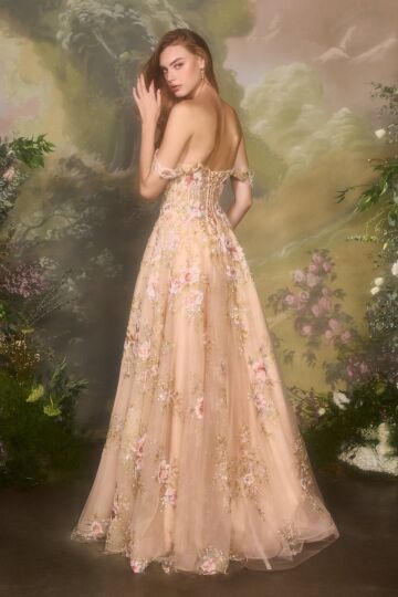 Andrea and Leo A1480 Lace-Up Back Floral A-Line Dress