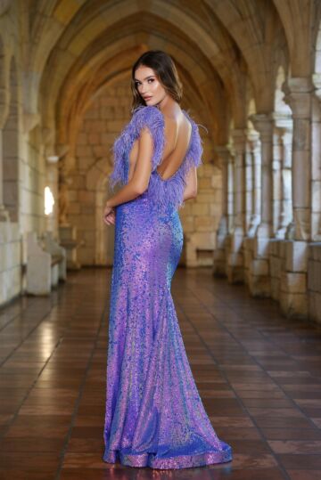 Ava Presley 38896 Feather Neckline Sheer Sides Dress